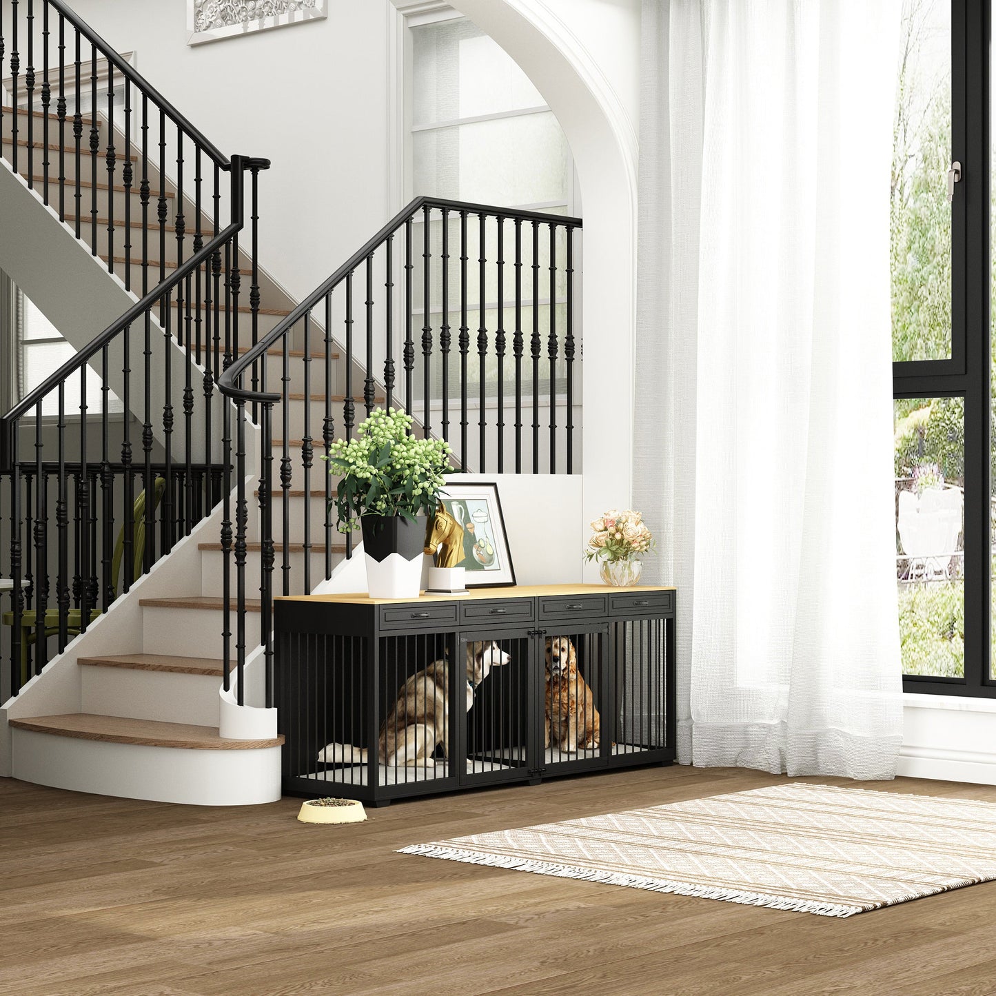 Meuble pour grande cage de chien avec séparateurs et 4 tiroirs