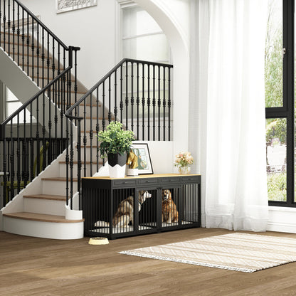 Meuble pour grande cage de chien avec séparateurs et 4 tiroirs