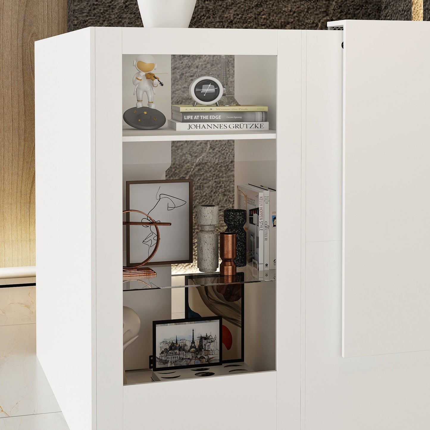 Comptoir d'accueil moderne à éclairage LED avec étagères ouvertes et compartiments de rangement