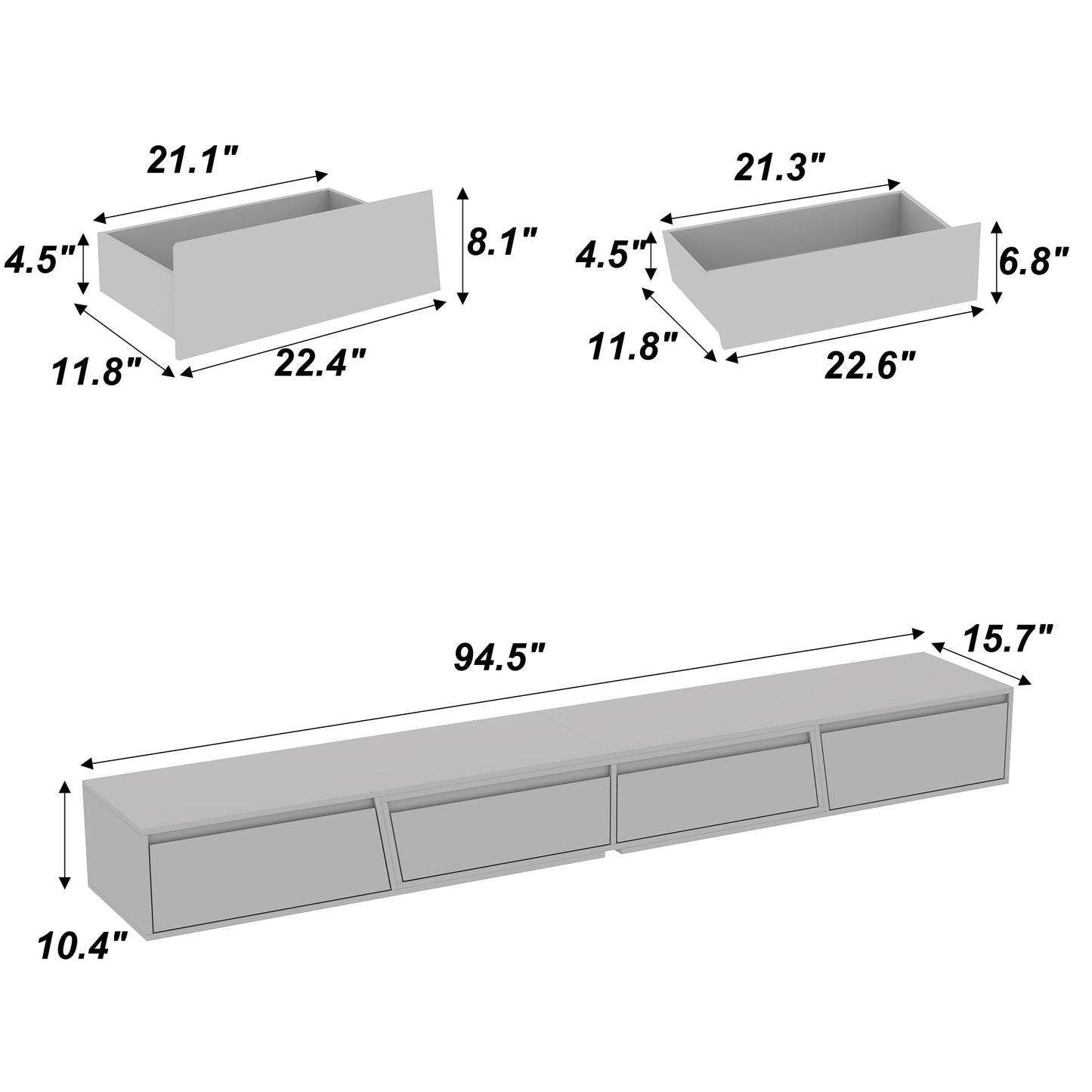 Console multimédia à 4 tiroirs de 94,5 pouces de large