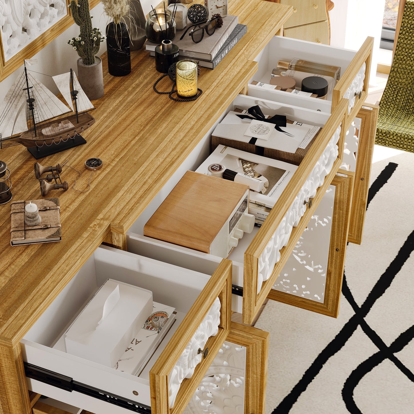 Buffet/meuble de rangement de 59,1 cm de large avec décorations murales