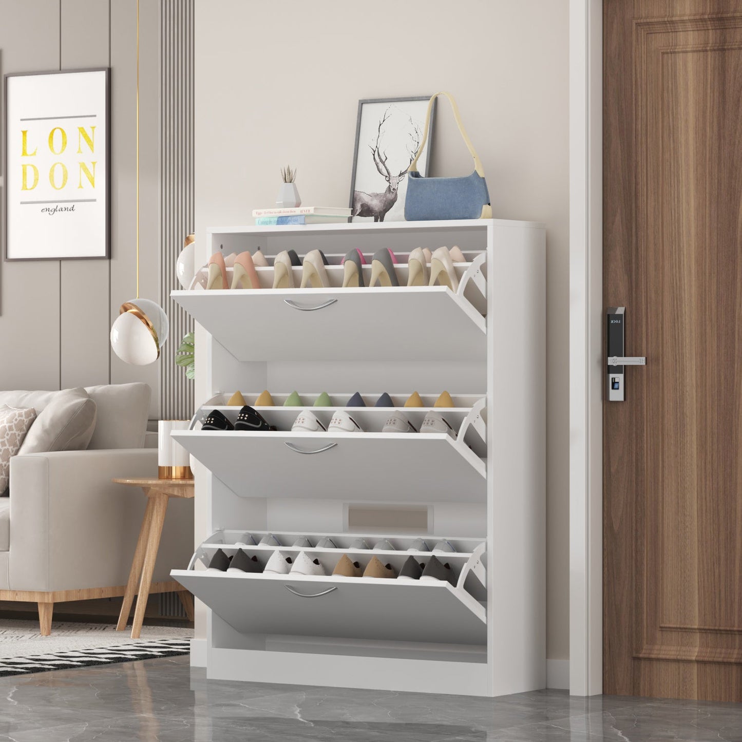 Meuble à chaussures moderne avec 3 tiroirs rabattables, étagère à chaussures en bois, organisateur de rangement pour entrée ou couloir. 