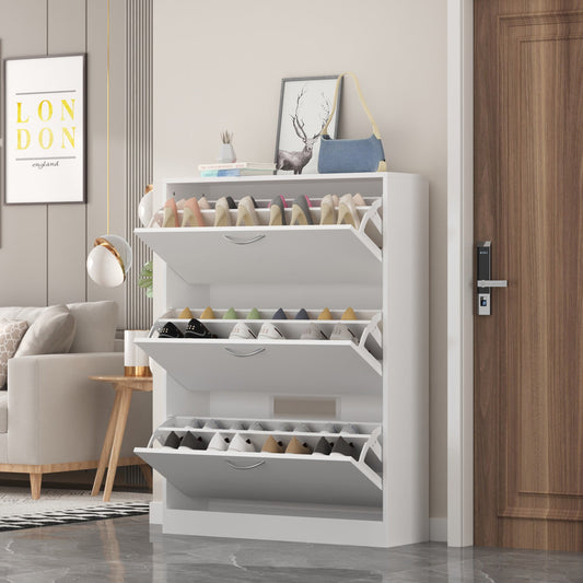 Meuble à chaussures moderne avec 3 tiroirs rabattables, étagère à chaussures en bois, organisateur de rangement pour entrée ou couloir. 