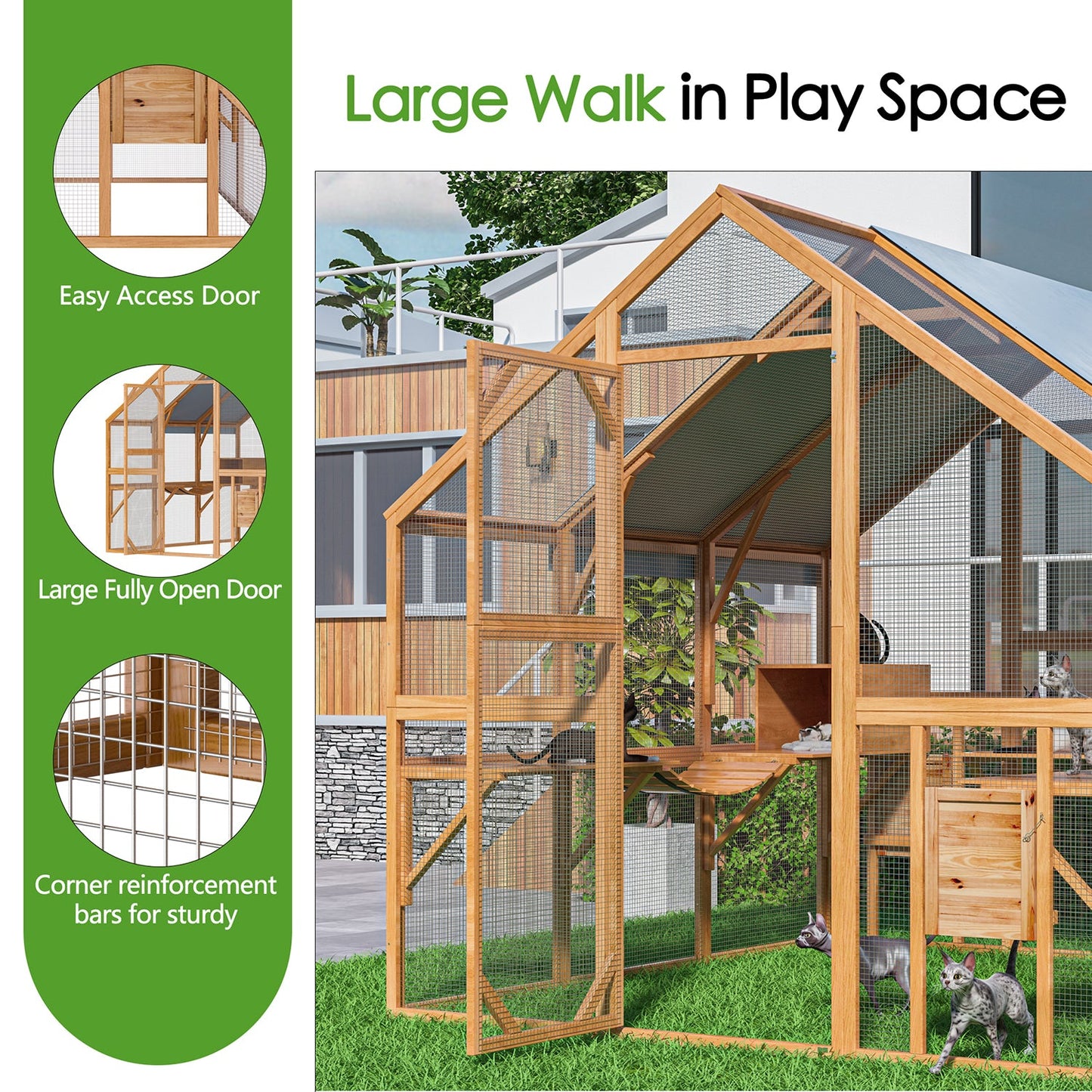 Grand enclos extérieur en bois pour chats, comprenant des niches, des ponts et des allées.