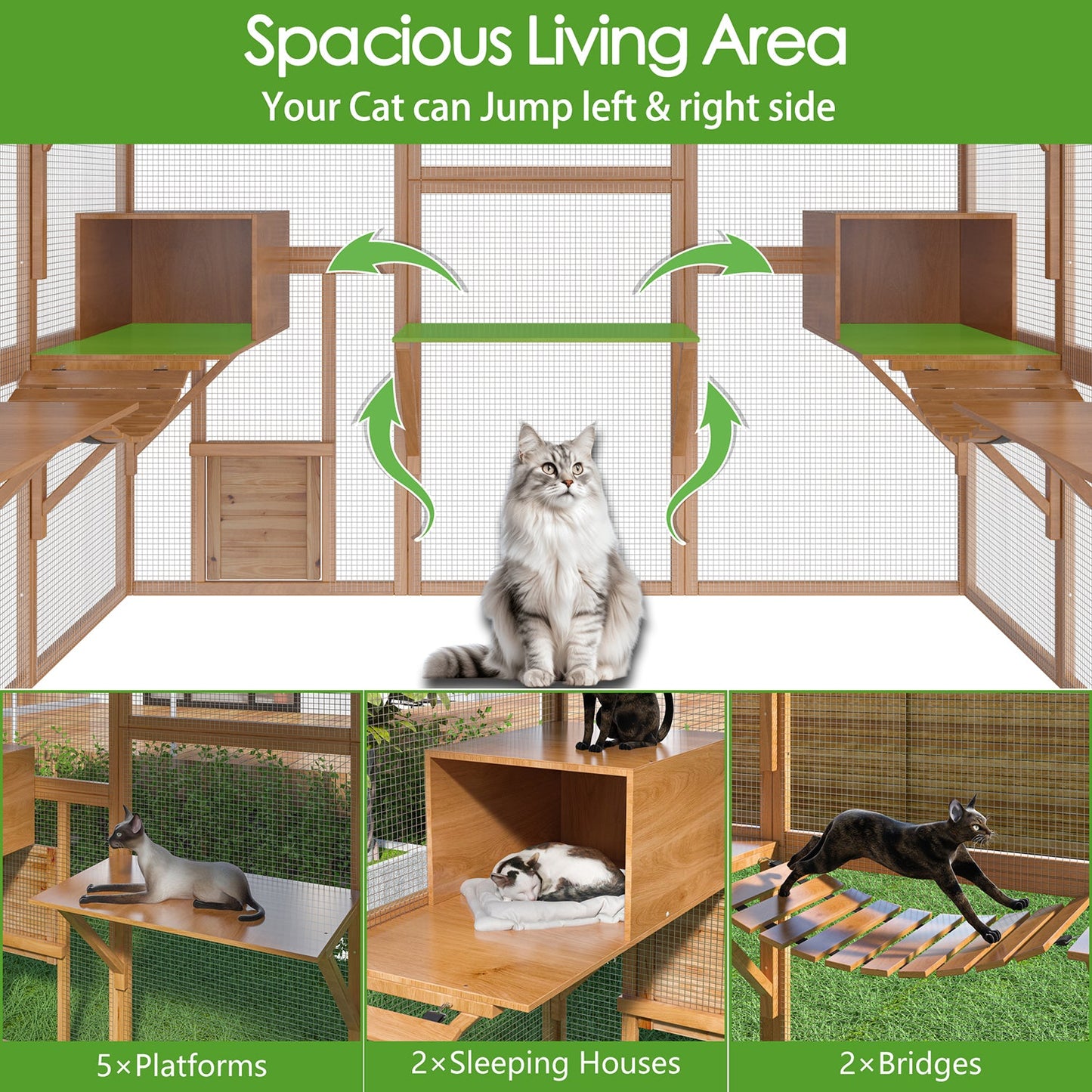 Grand enclos extérieur en bois pour chats, comprenant des niches, des ponts et des allées.