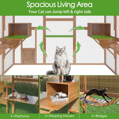 Grand enclos extérieur en bois pour chats, comprenant des niches, des ponts et des allées.