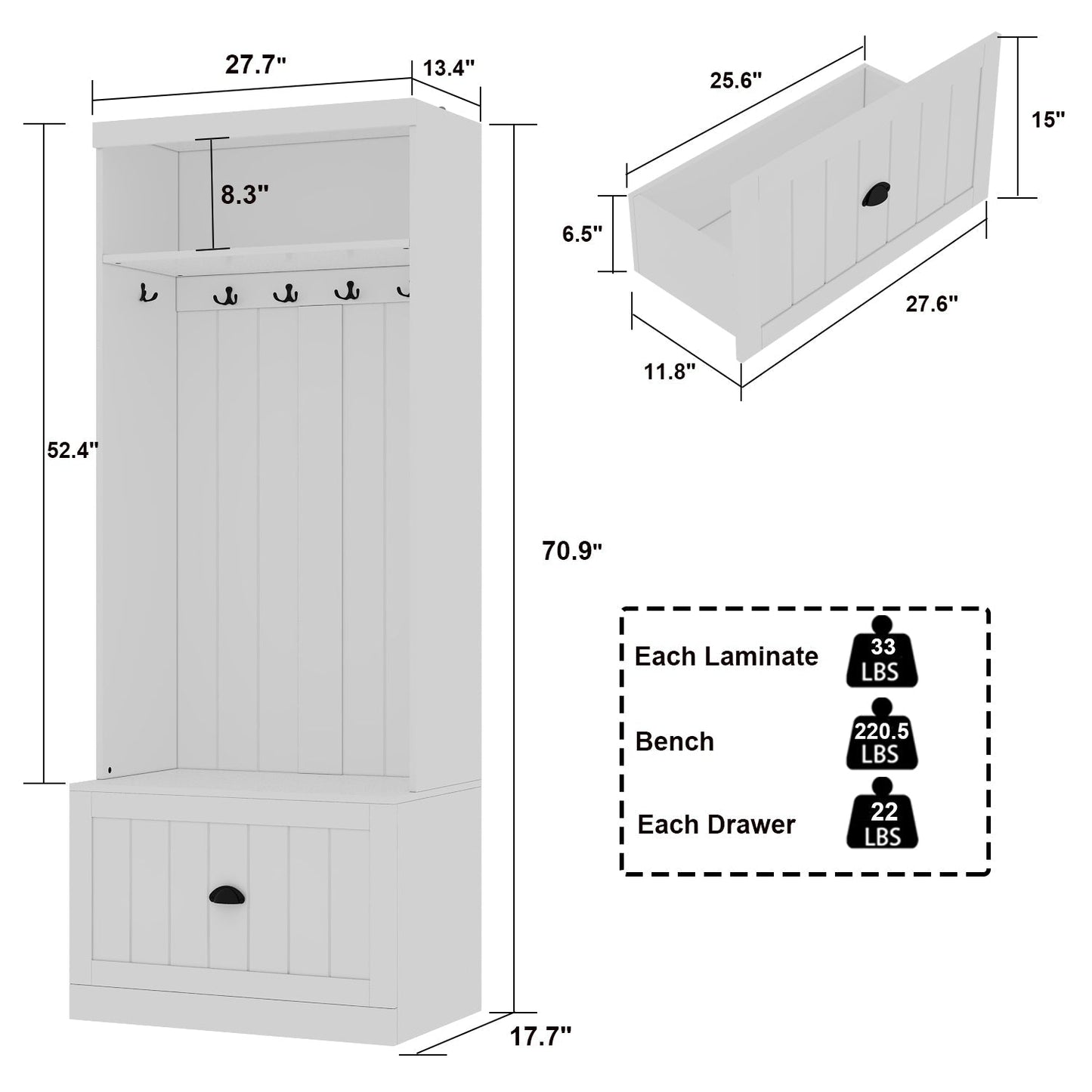 Meuble d'entrée avec étagère, rangement à chaussures et armoire à manteaux.