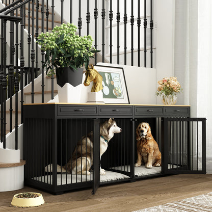 Meuble pour grande cage de chien avec séparateurs et 4 tiroirs