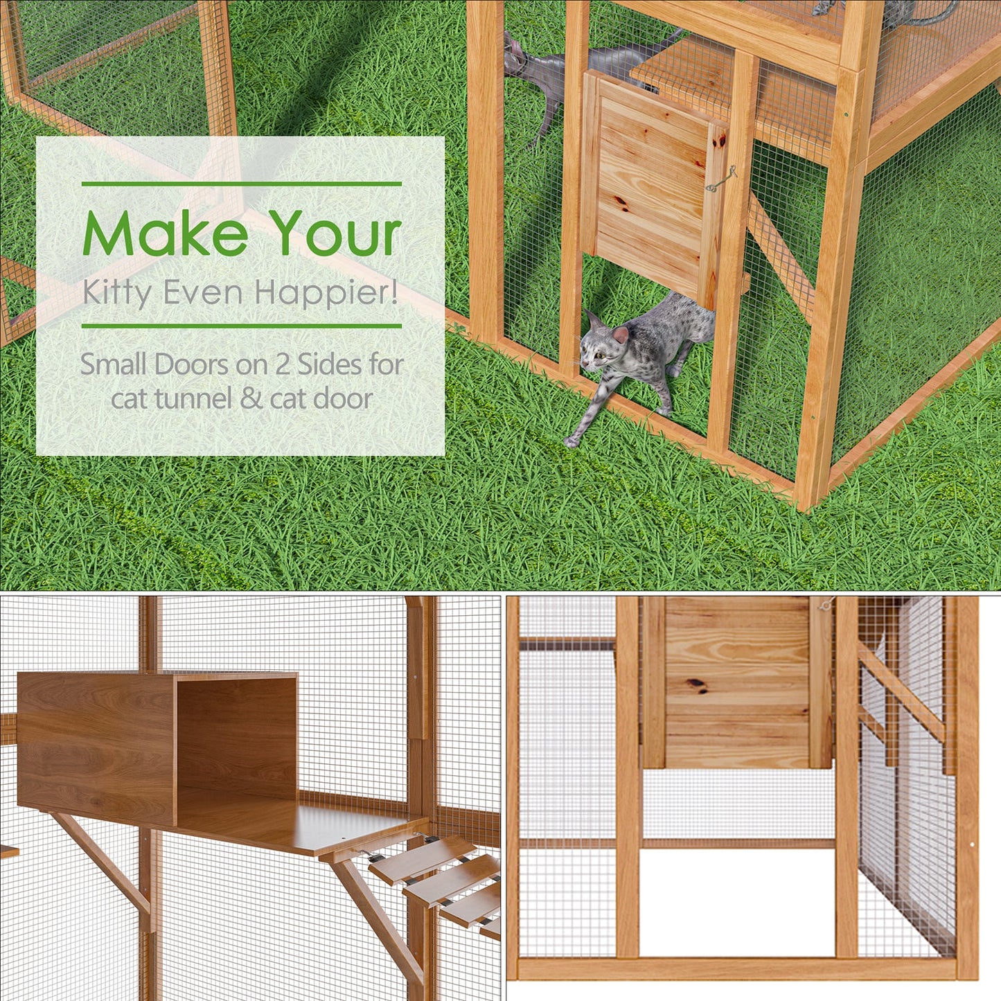 Grand enclos extérieur en bois pour chats, comprenant des niches, des ponts et des allées.