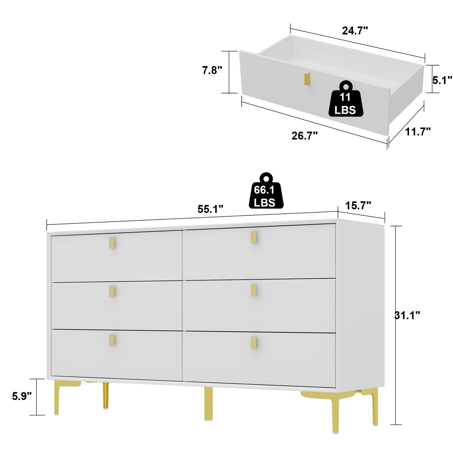 Buffet/commode à 6 tiroirs avec pieds en métal pour le rangement à domicile
