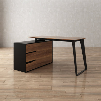 Bureau d'angle en forme de L avec tiroirs, finition bois brun.