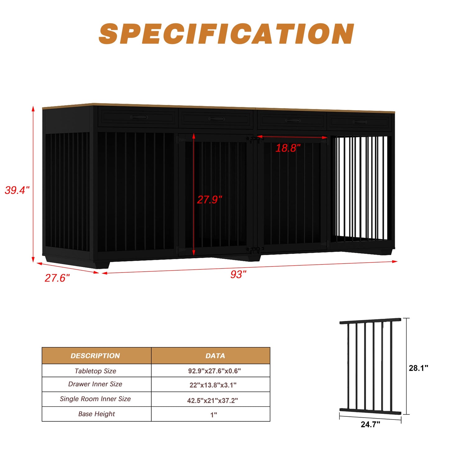 Meuble pour grande cage de chien avec séparateurs et 4 tiroirs