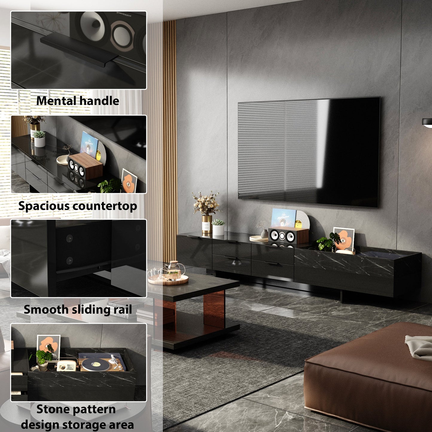 Meuble TV/centre multimédia de 200 cm de large avec 5 tiroirs, finition brillante et design effet pierre, et rangement intégré.