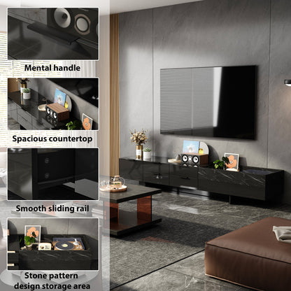 Meuble TV/centre multimédia de 200 cm de large avec 5 tiroirs, finition brillante et design effet pierre, et rangement intégré.