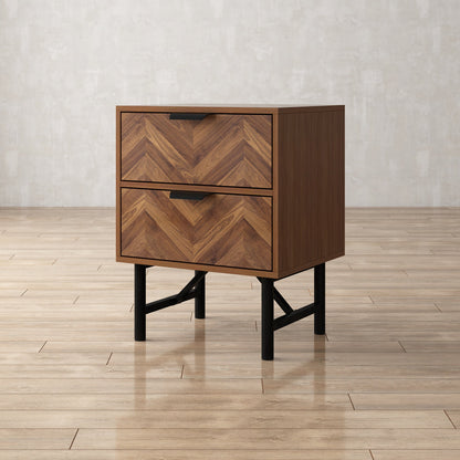 Table de chevet rustique en bois veiné à 2 tiroirs