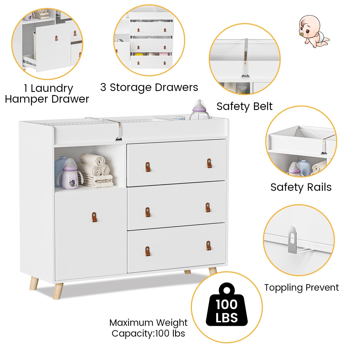 Table à langer pour bébé, commode à 4 tiroirs pour chambre d'enfant, table à langer