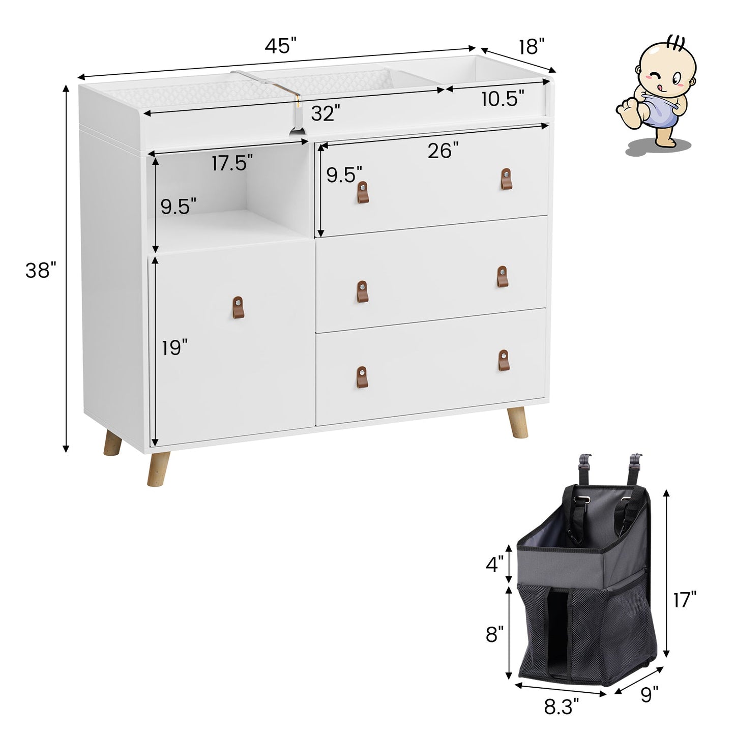 Table à langer pour bébé, commode à 4 tiroirs pour chambre d'enfant, table à langer