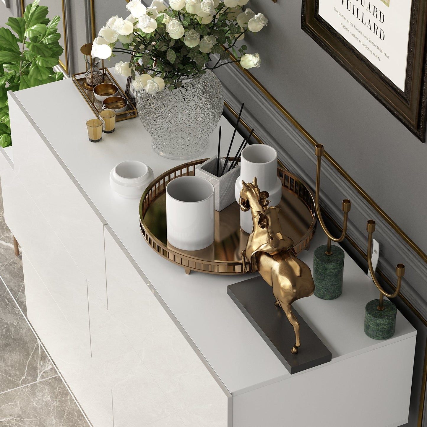 Commode double laquée brillante, buffet à 6 tiroirs pour salon