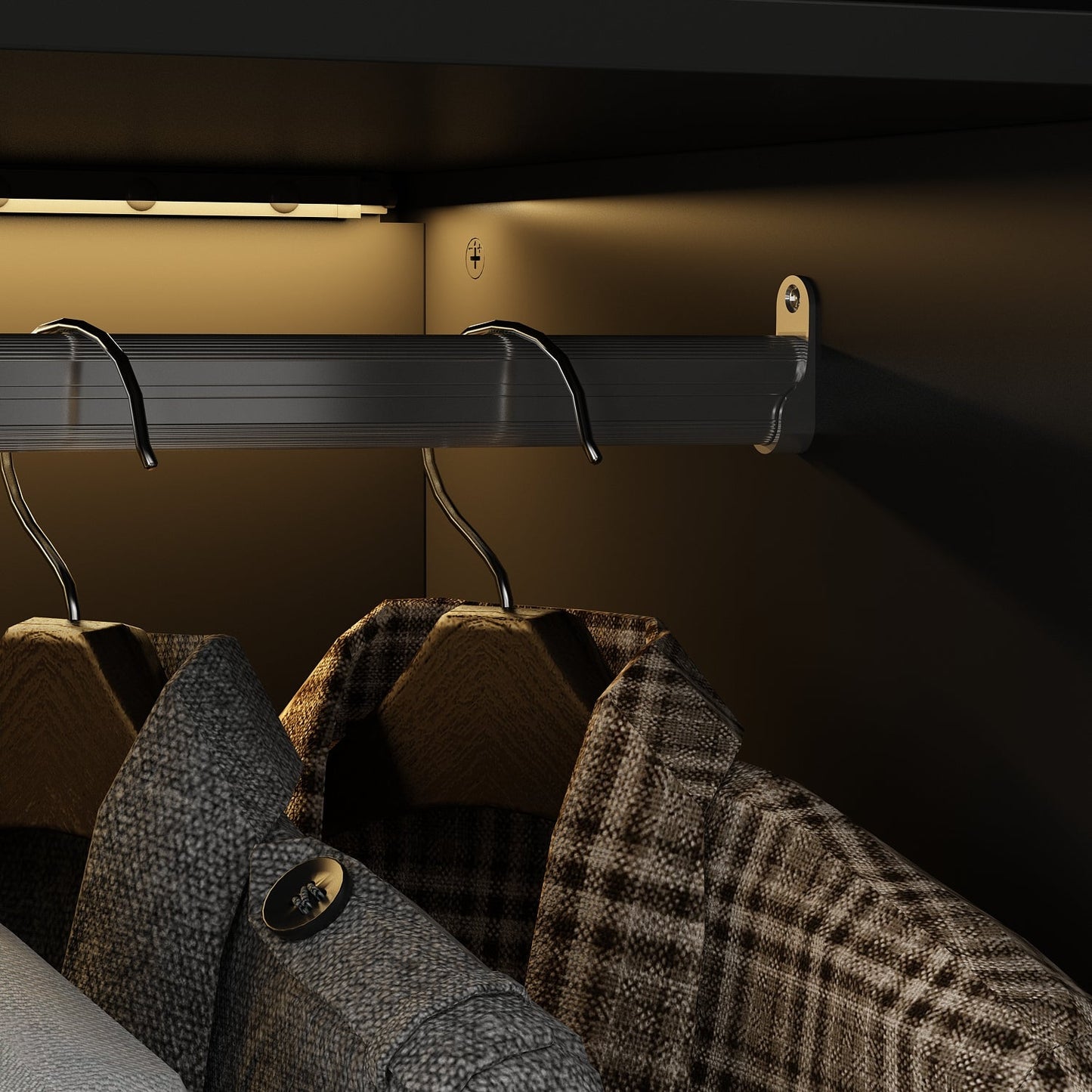 Grande armoire de chambre à coucher avec rangement pour vêtements, éclairage LED et portes vitrées