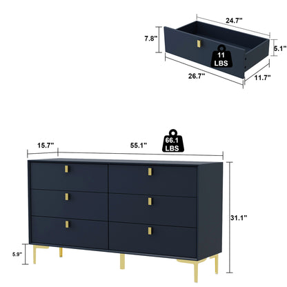 Buffet/commode à 6 tiroirs avec pieds en métal pour le rangement à domicile