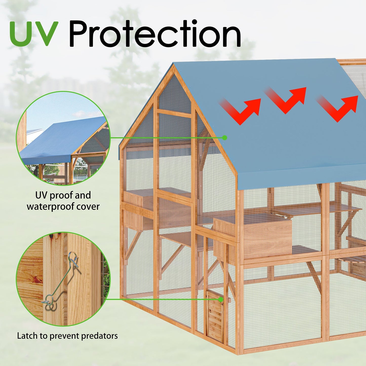 Grand enclos extérieur en bois pour chats, comprenant des niches, des ponts et des allées.