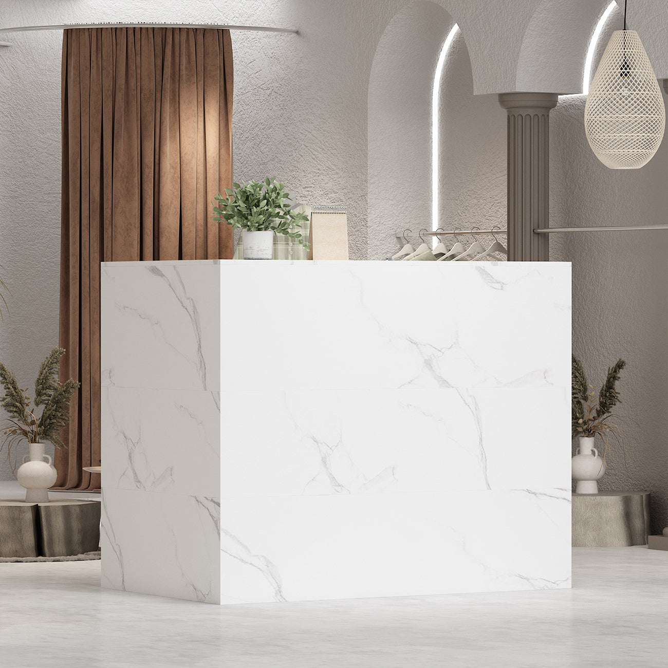 Bureau d'accueil en forme de L avec grands classeurs de rangement 