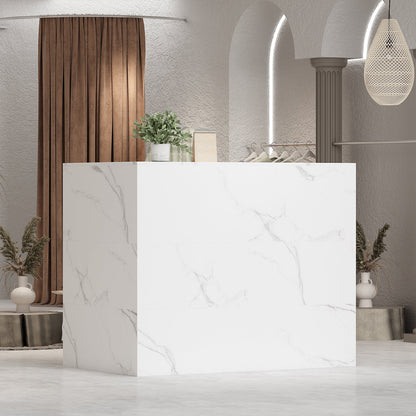 Bureau d'accueil en forme de L avec grands classeurs de rangement 