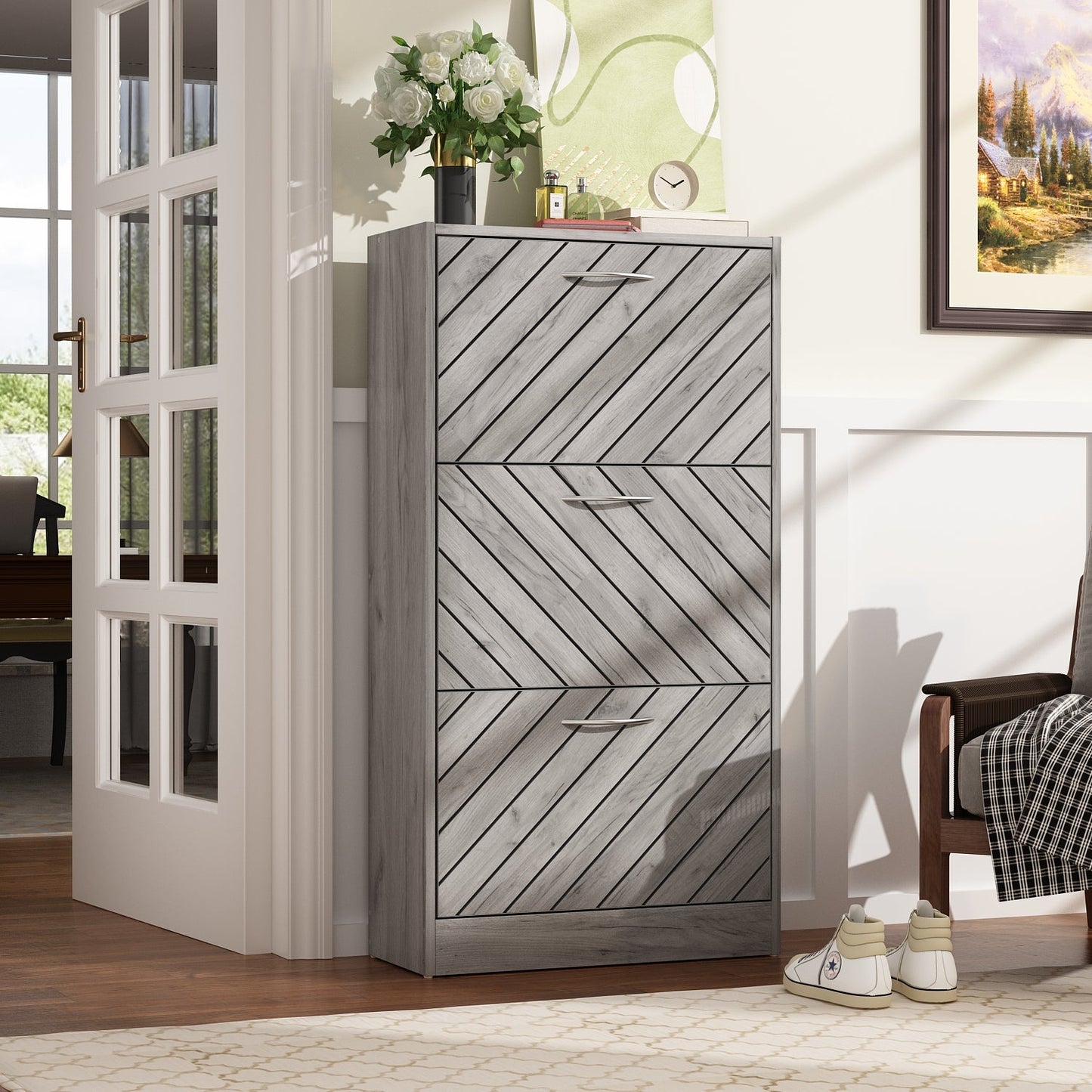 Meuble à chaussures vieilli avec 3 tiroirs rabattables pour entrée et couloir 