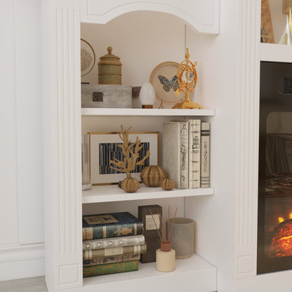 Meuble TV avec cheminée chauffante blanche de 150 cm de large, étagères ouvertes et minuterie