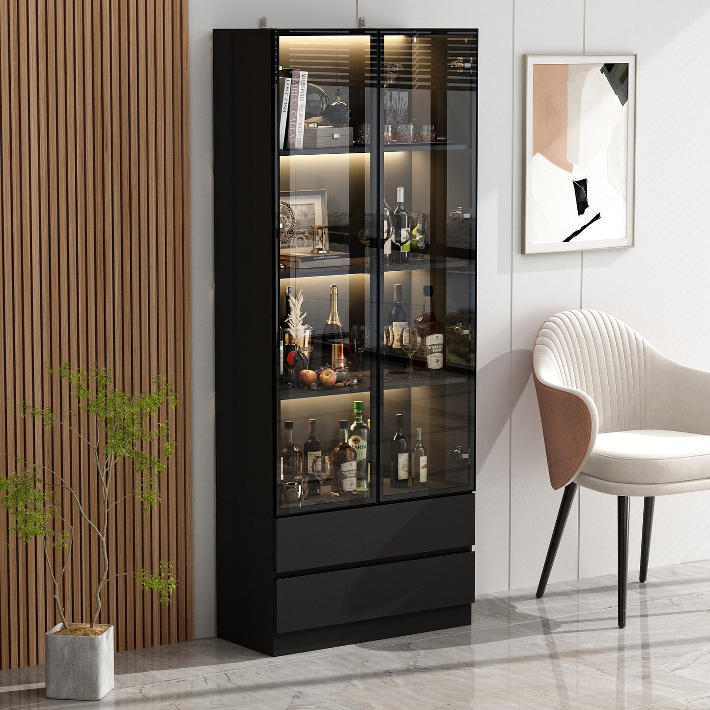 Vitrine de rangement avec éclairage LED et portes en verre trempé