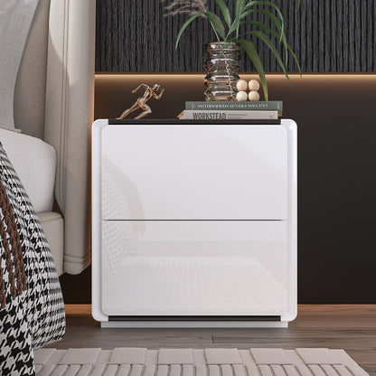 Table de chevet laquée brillante avec éclairage LED et 2 tiroirs