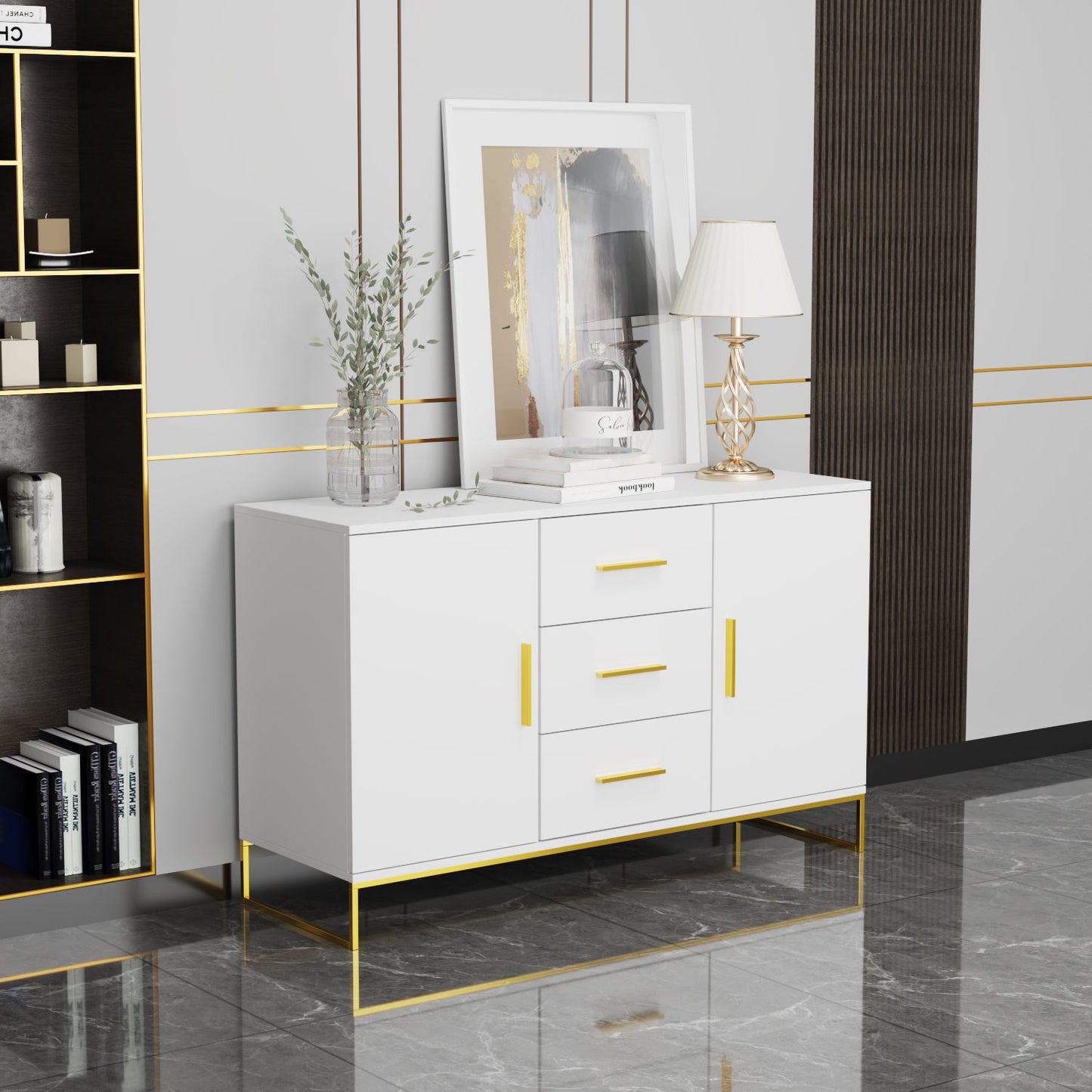 Meuble de rangement à 3 tiroirs et 2 portes, pieds en métal, pour salle à manger et salon