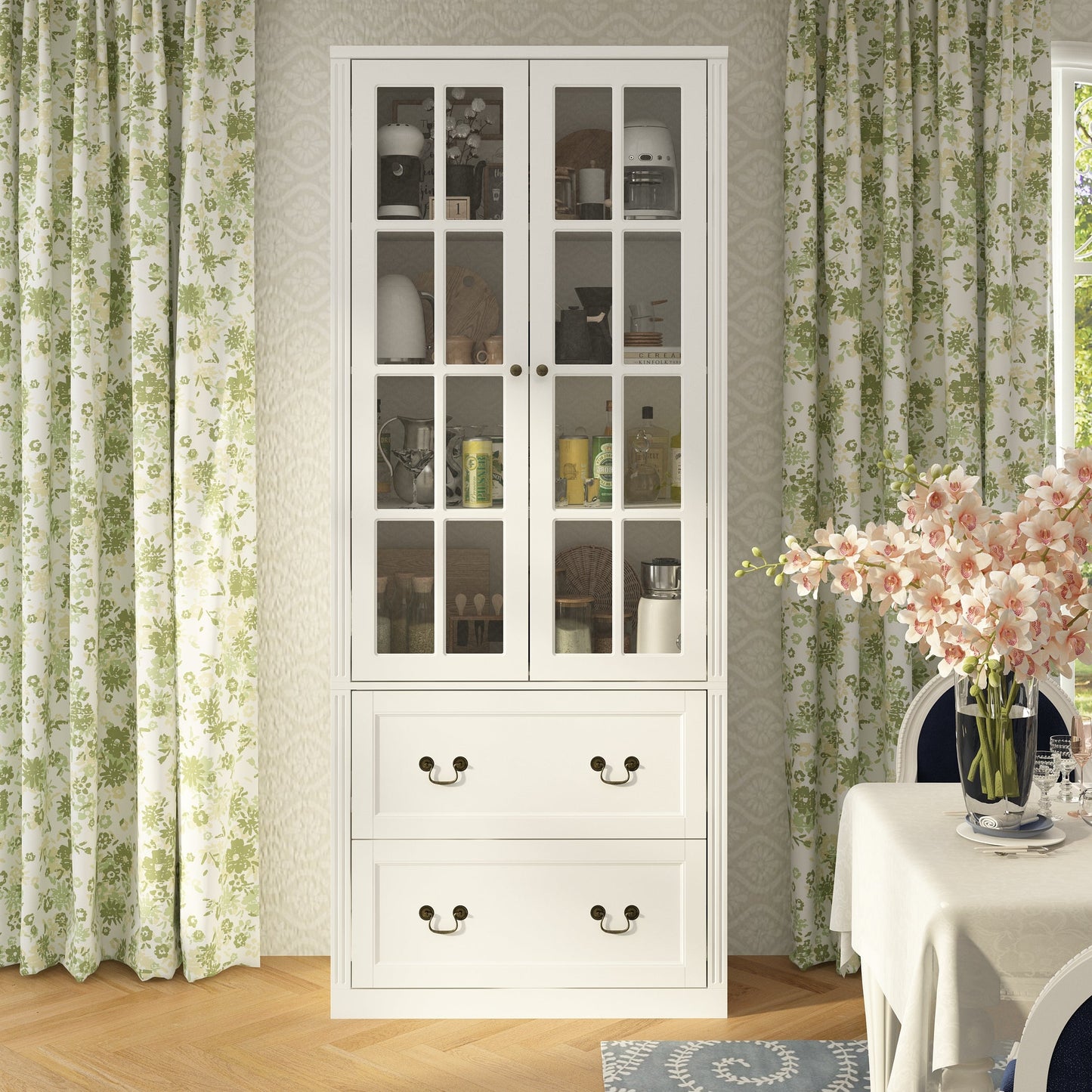 Bibliothèque vitrine avec 2 tiroirs et portes vitrées