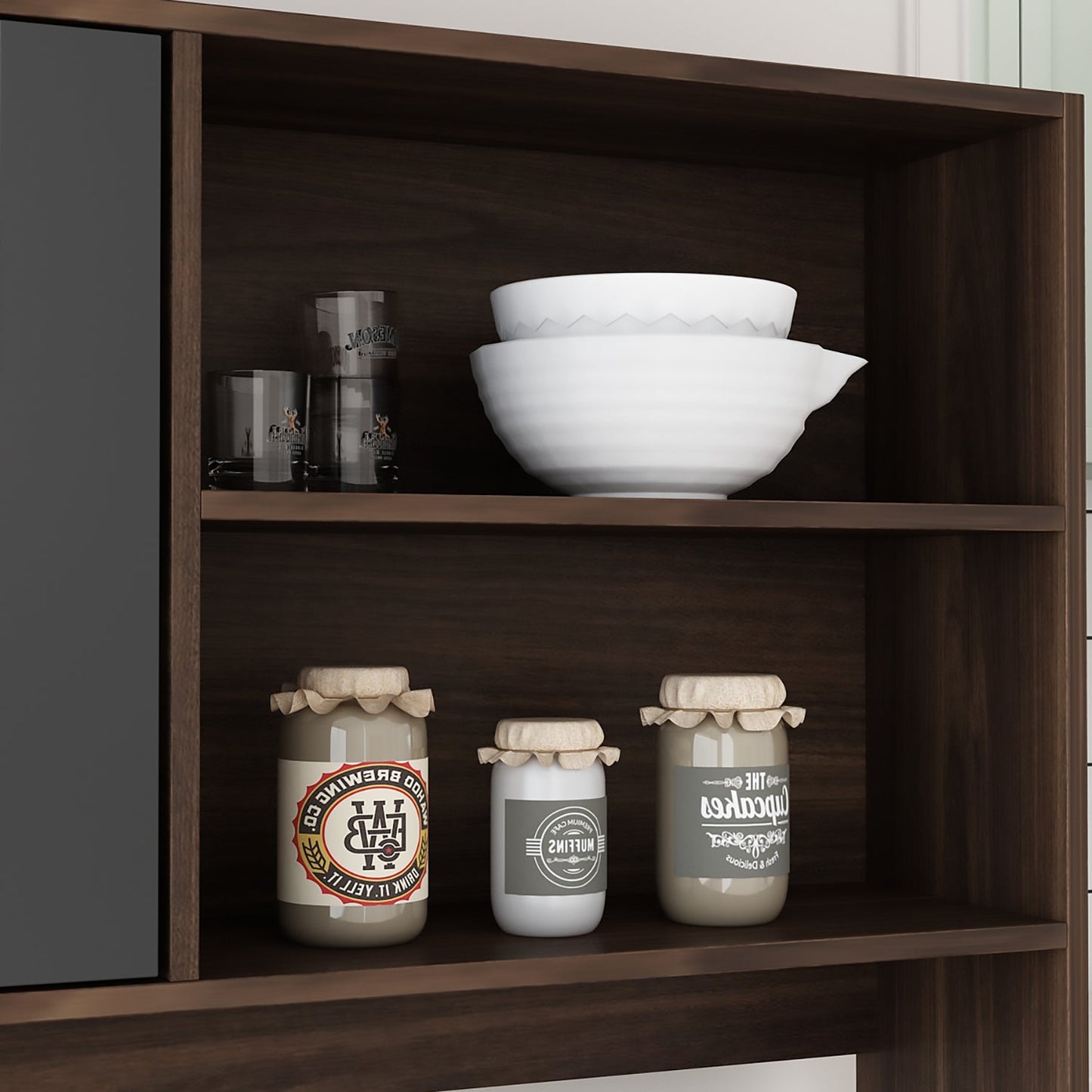 Grand placard de rangement de cuisine 63W avec étagère supérieure, 4 portes, 4 tiroirs et étagère pour micro-ondes 