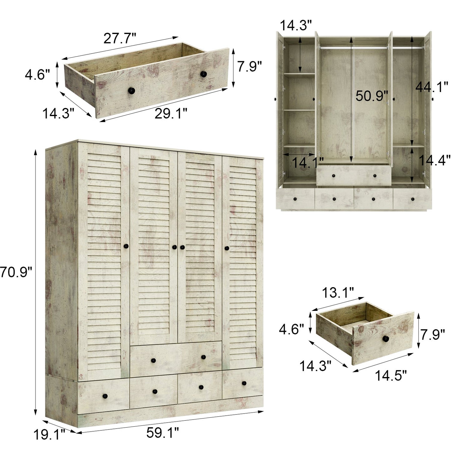 Grande armoire-penderie pour chambre à coucher, meuble de rangement à 4 portes et 5 tiroirs