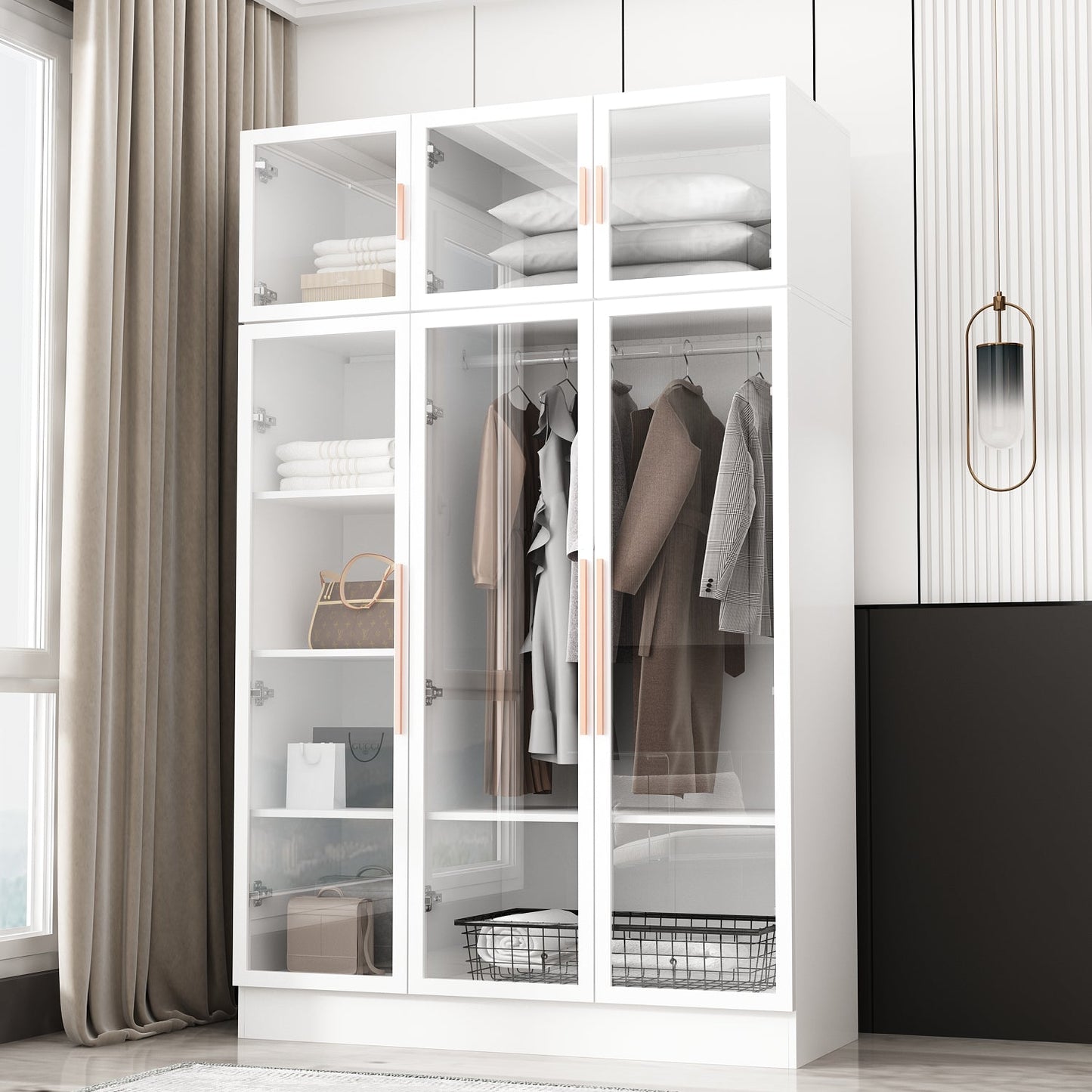 Grande armoire de chambre à coucher avec rangement pour vêtements, éclairage LED et portes vitrées