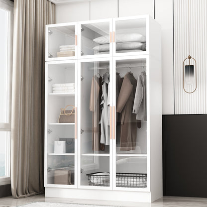 Grande armoire de chambre à coucher avec rangement pour vêtements, éclairage LED et portes vitrées