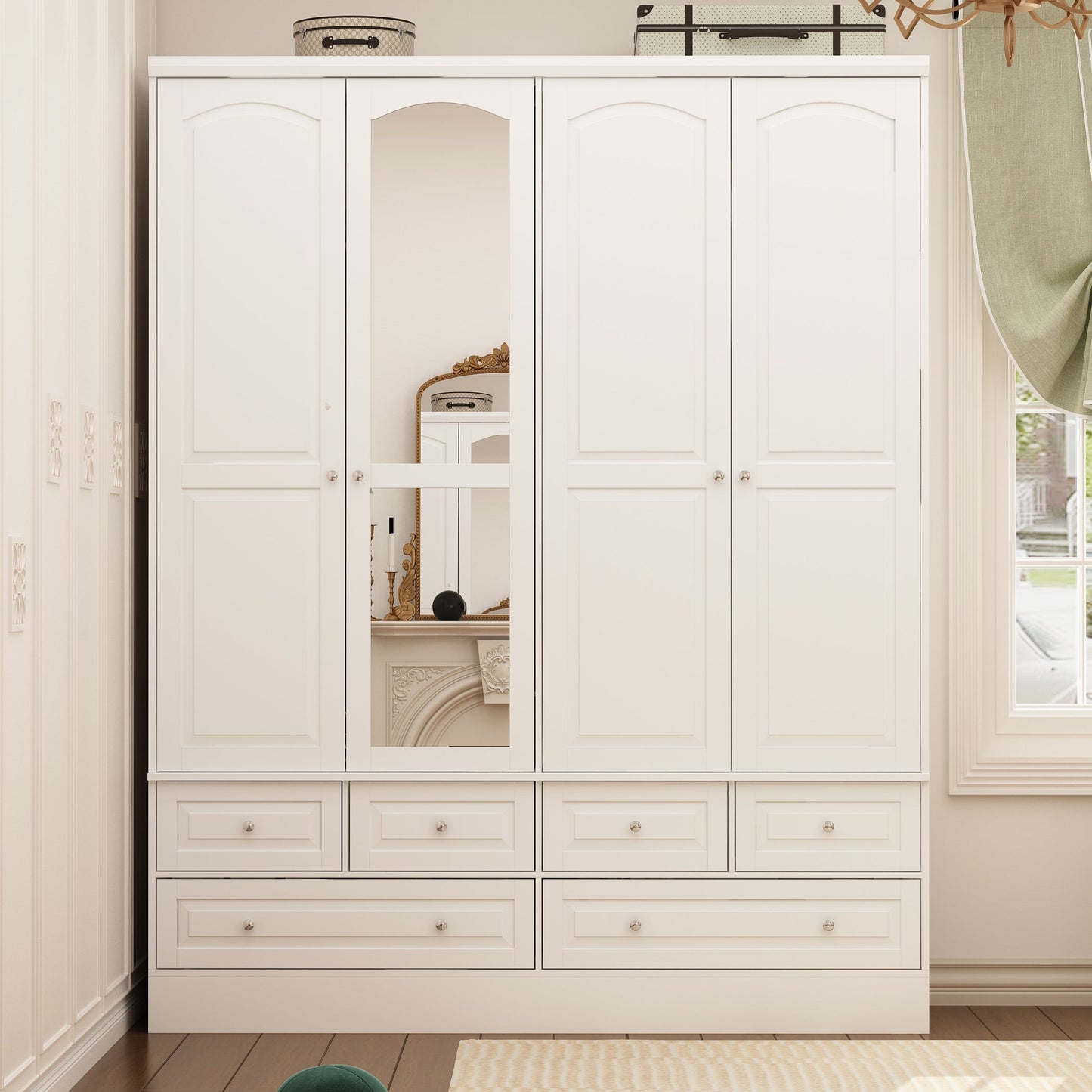 Armoire-penderie blanche élégante de 63 pouces de large avec miroir, 4 portes et 6 tiroirs