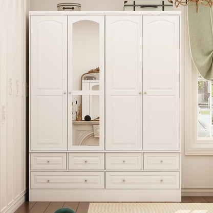 Armoire-penderie blanche élégante de 63 pouces de large avec miroir, 4 portes et 6 tiroirs