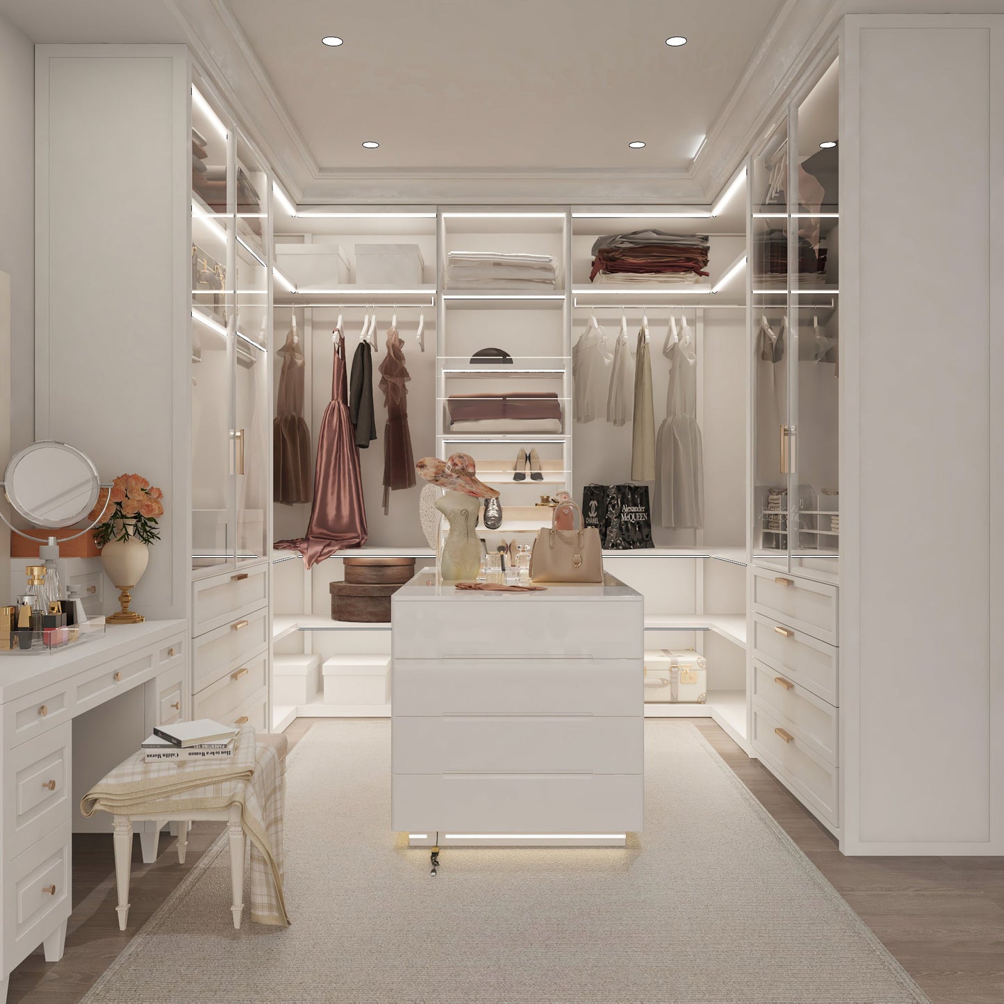 Commode à 16 tiroirs au design élégant et plateau en verre trempé