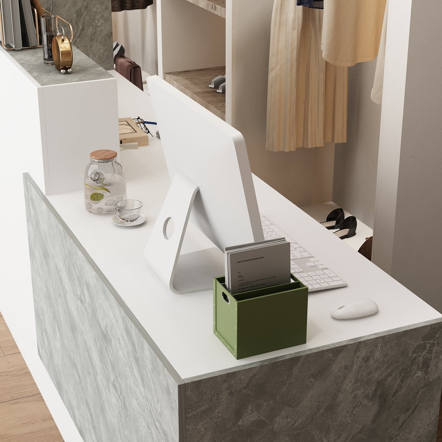 Bureau d'accueil rectangulaire de 86,6 pouces de large avec étagères ouvertes