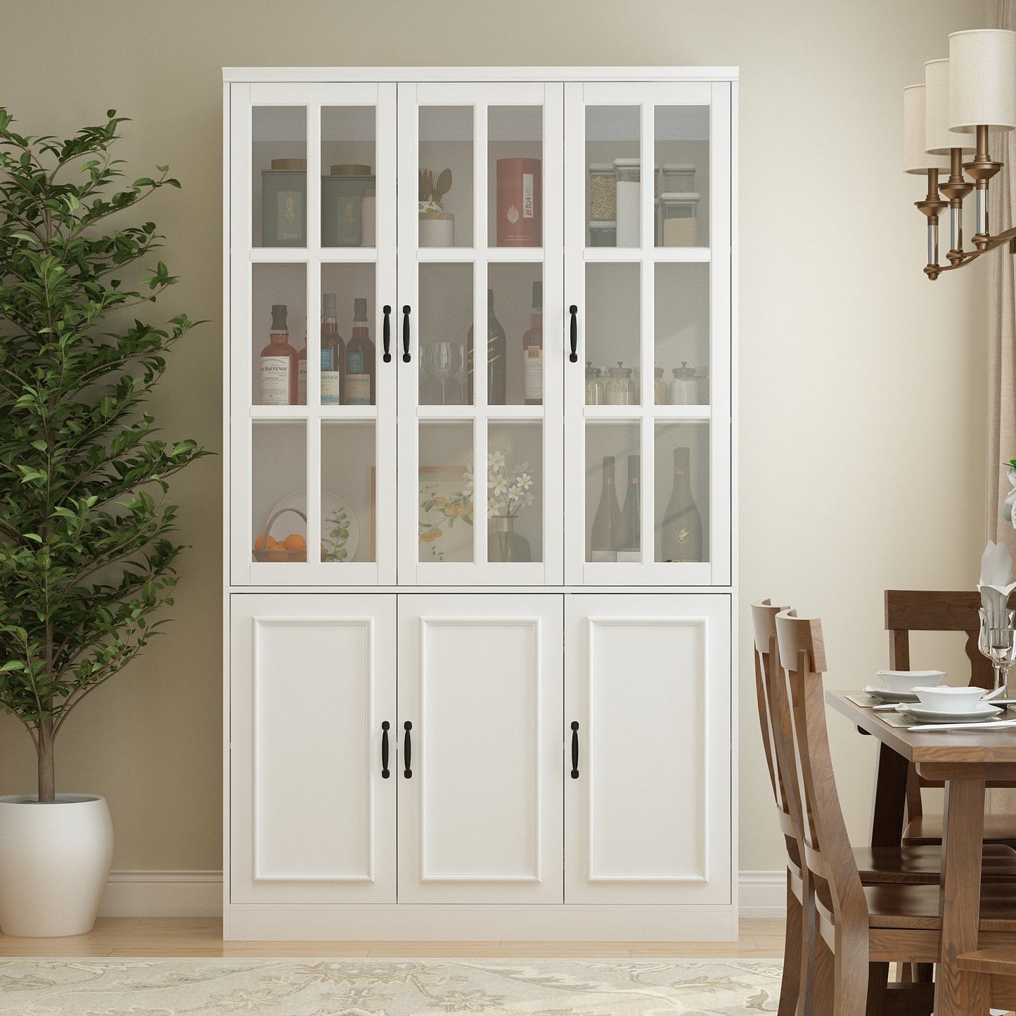 Vitrine d'angle avec étagère de rangement et bibliothèque, combinant 4 portes vitrées et 2 tiroirs