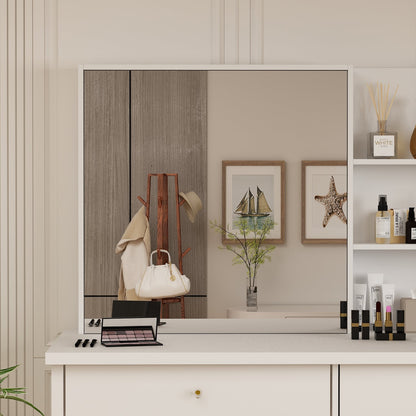 Ensemble coiffeuse avec miroir coulissant éclairé, tabouret rembourré, 5 tiroirs et étagères