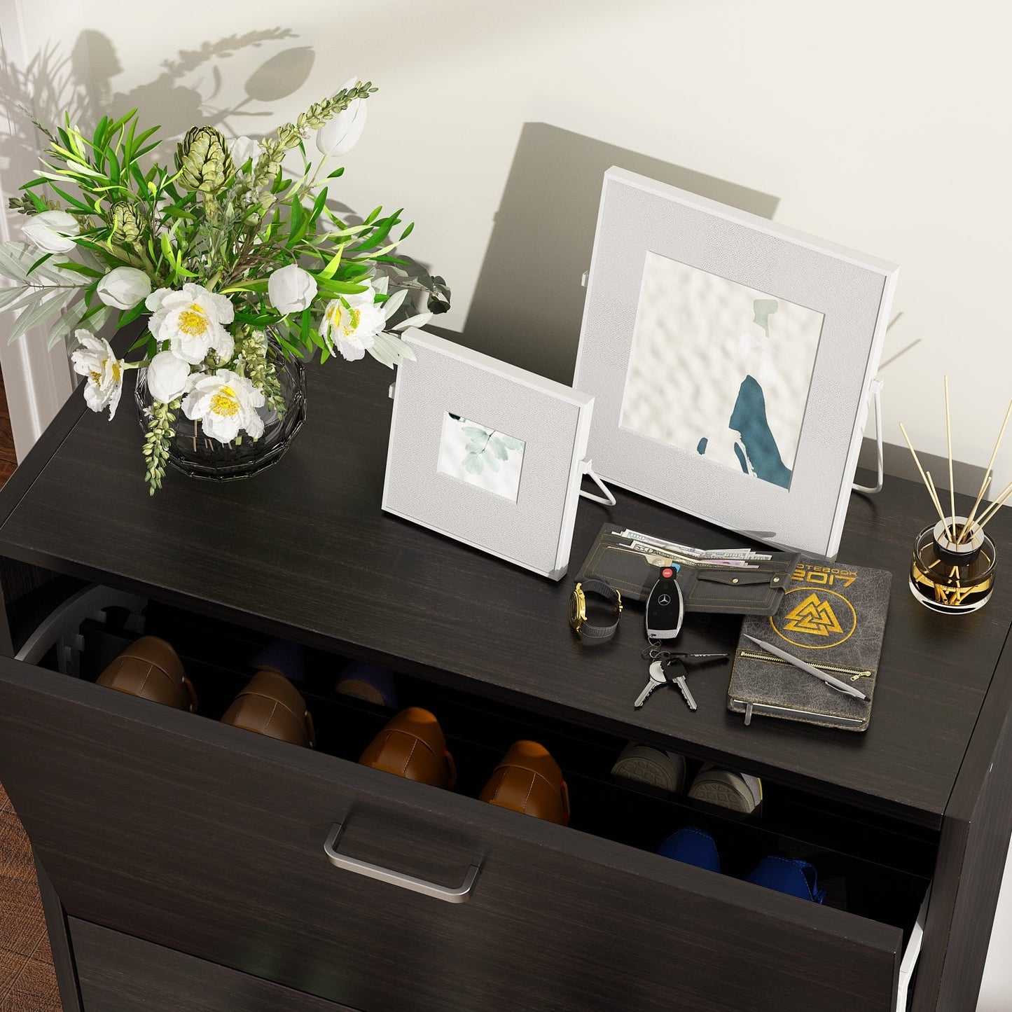 Meuble à chaussures à 3 tiroirs rabattables pour entrée, étagère à chaussures autoportante, organisateur de rangement 