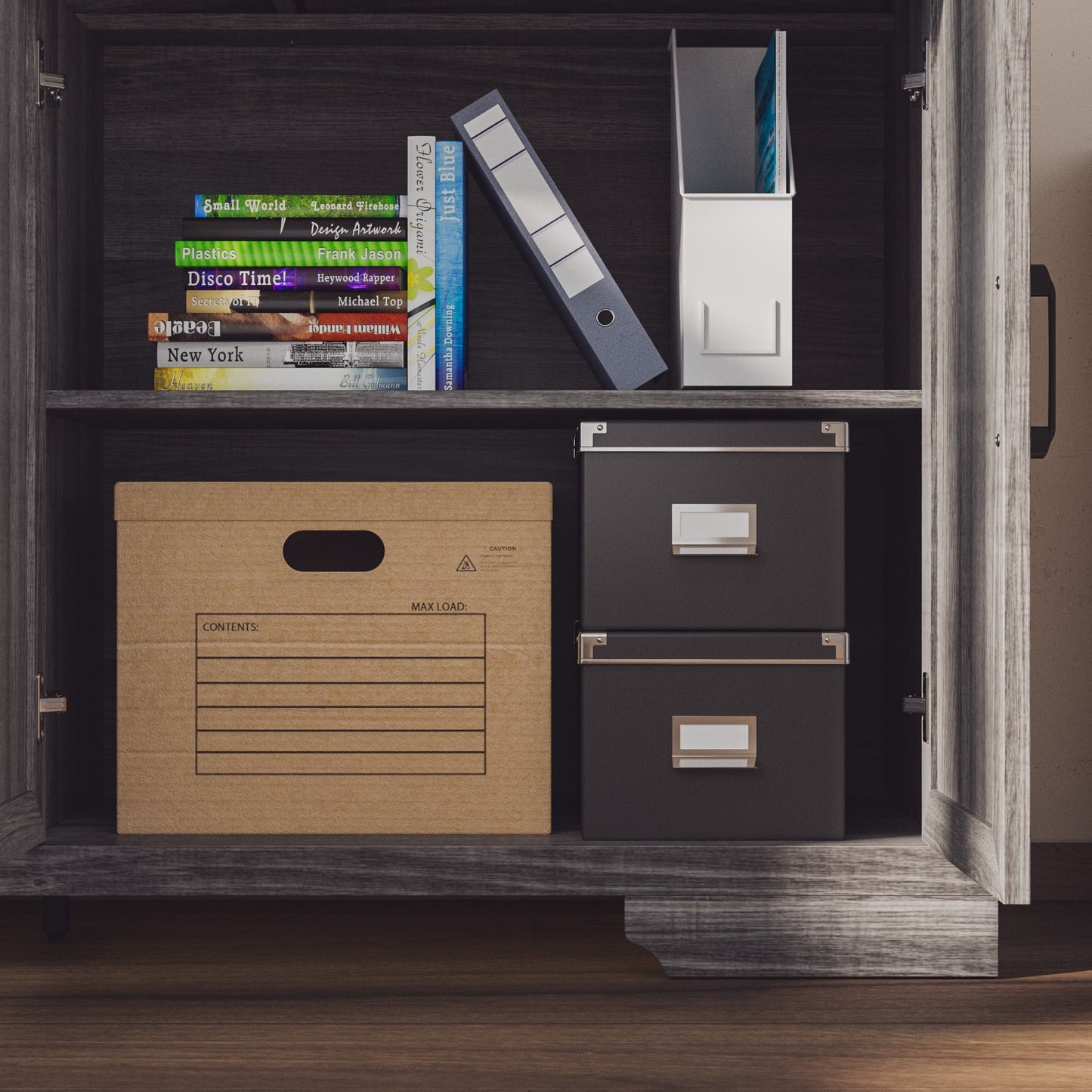 Meuble de rangement modulaire élégant : design épuré et combinaison de compartiments ouverts et fermés.