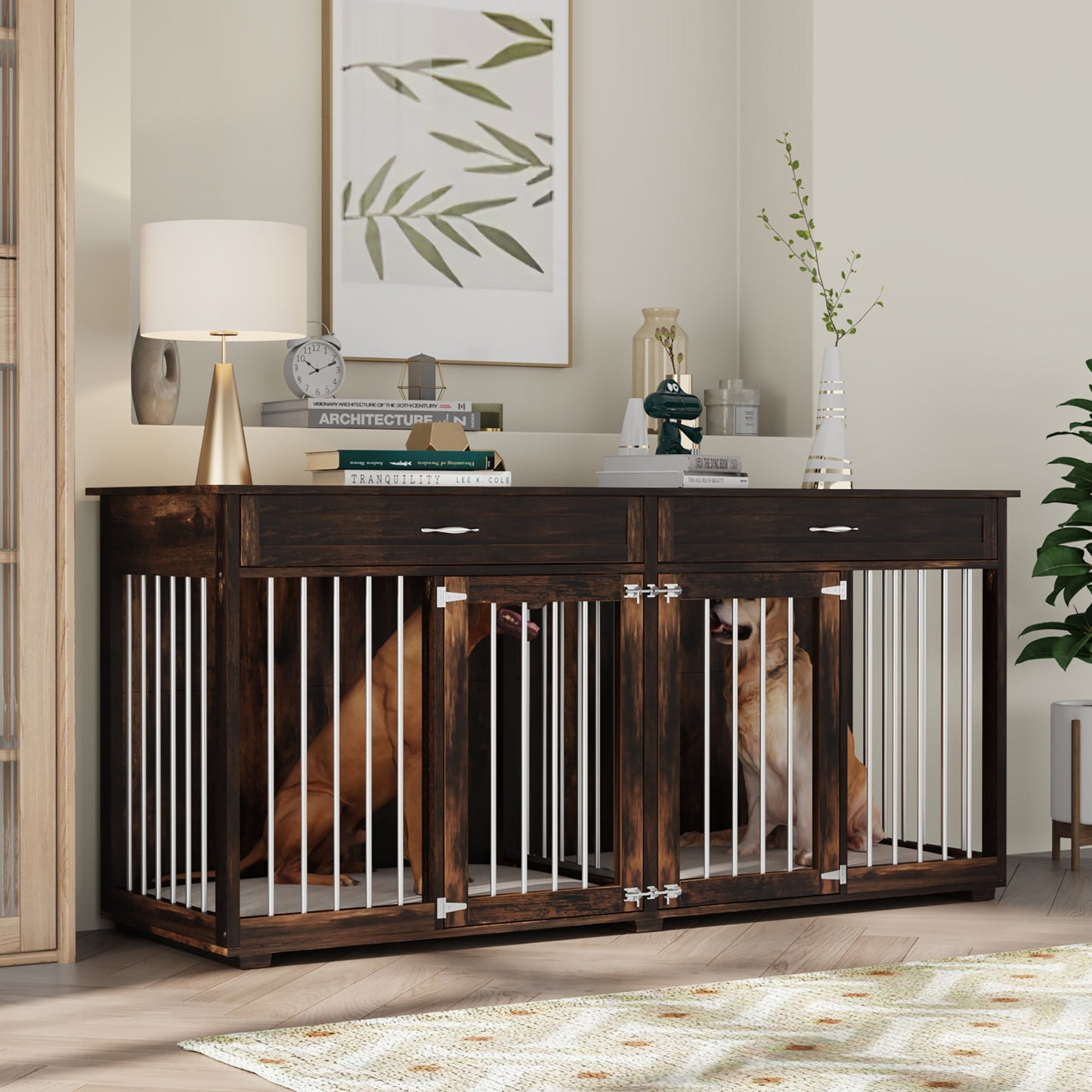 Grande cage en bois pour chien avec 2 tiroirs et séparateurs