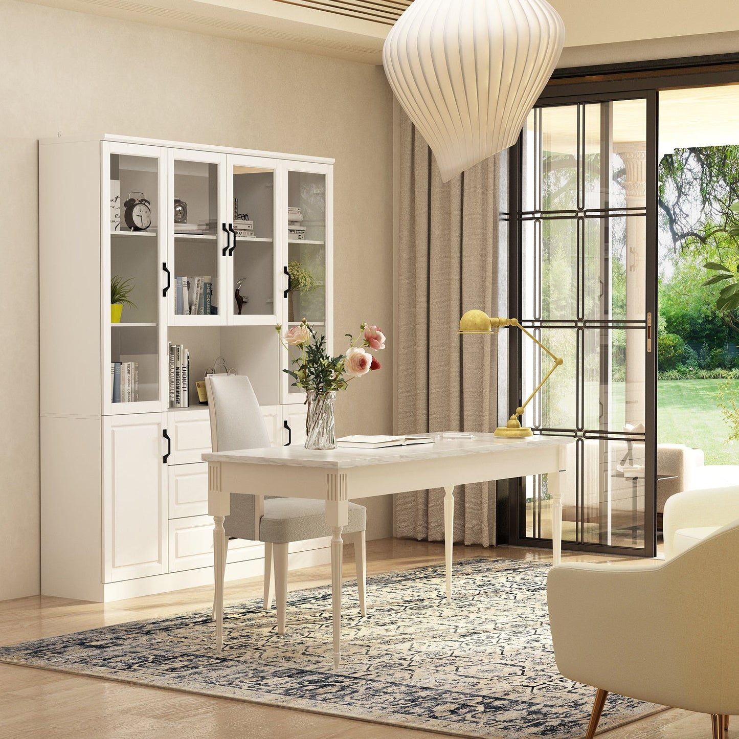 Grande vitrine d'angle avec étagère de rangement et bibliothèque combinées