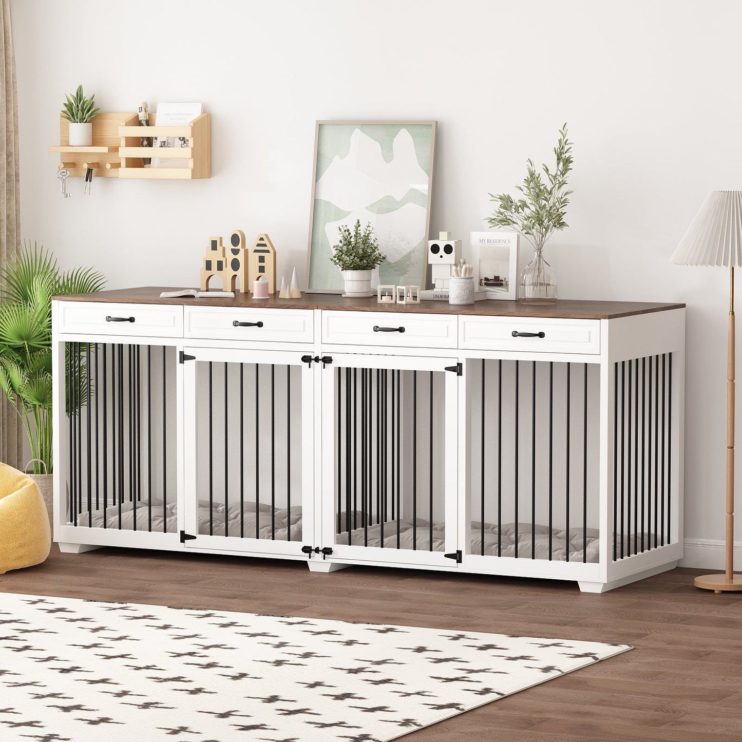 Meuble pour grande cage de chien avec séparateurs et 4 tiroirs