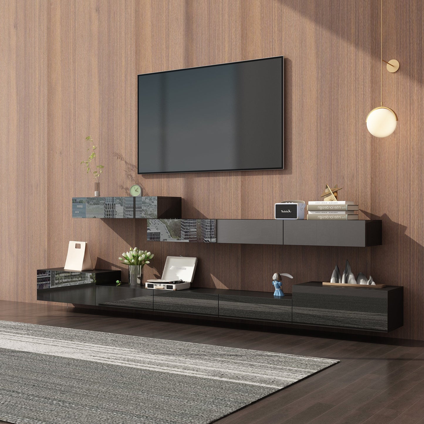 Meuble TV 2 pièces laqué brillant avec éclairage