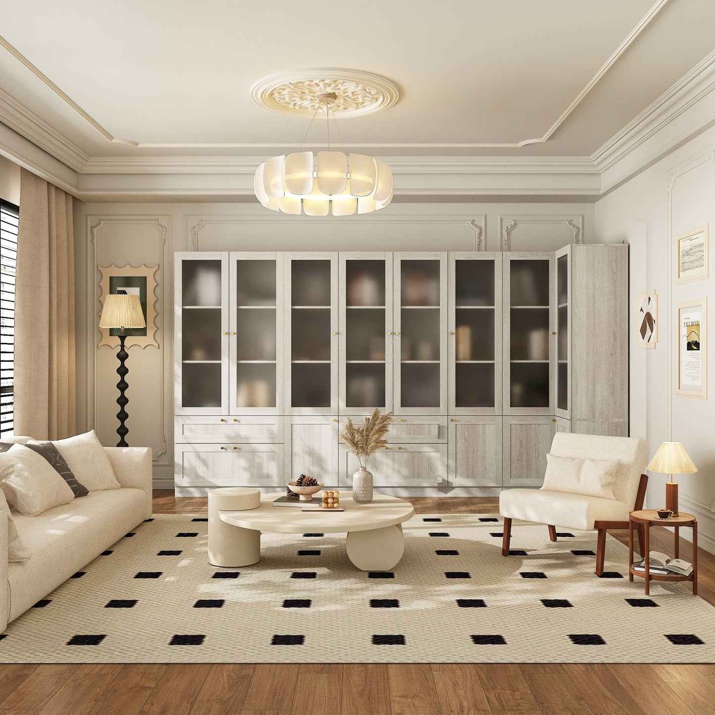 Bibliothèque modulaire à 4 tiroirs avec portes en verre dépoli, 71 po H x 126 po L